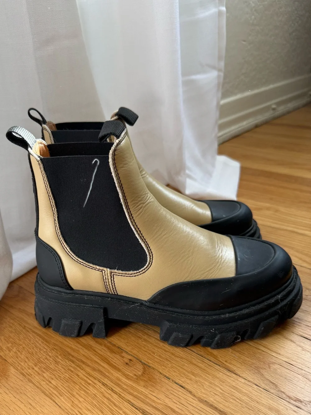 Ganni Beige Leather Chelsea Boot with Black Accents